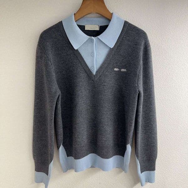 Designer High Version Miu Home 25Ss New Wool Blend Fake Two-Piece Sweater Fashion Versatile Turn-Down Collar Unisex 35b6