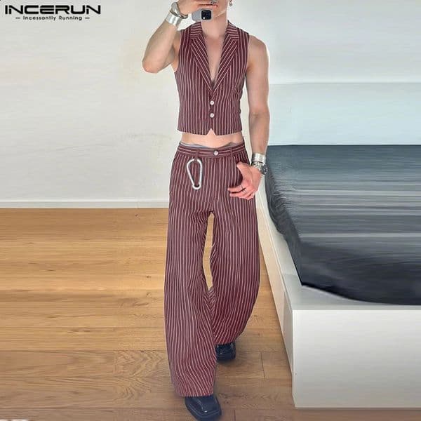 INCERUN Men Striped Sets Lapel Sleeveless Vests Pants Two Pieces Sets Streetwear Elegant 2025 Fashion Casual Mens Suits S5XL 250916BANJIA