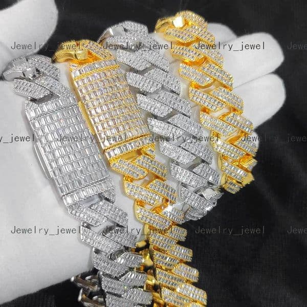 Hip Hop Jewelry Miami Cuban Chain Necklace Iced 20mm Baguette Miami Cuban Chain in 18K Gold