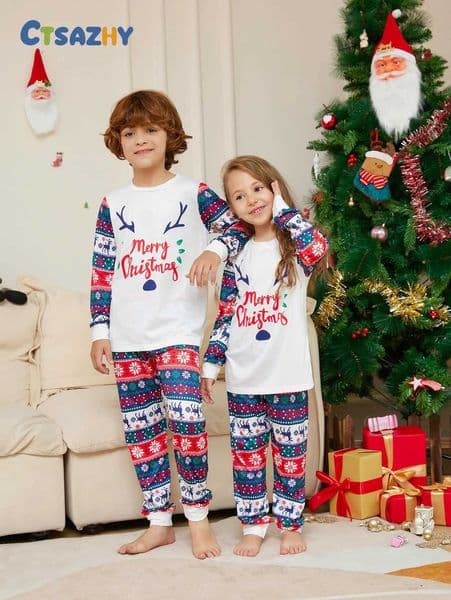 Kids Christmas Pajamas Set Reindeer Antlers Merry Christmas Print Top with Fair Isle Style Pants X250920