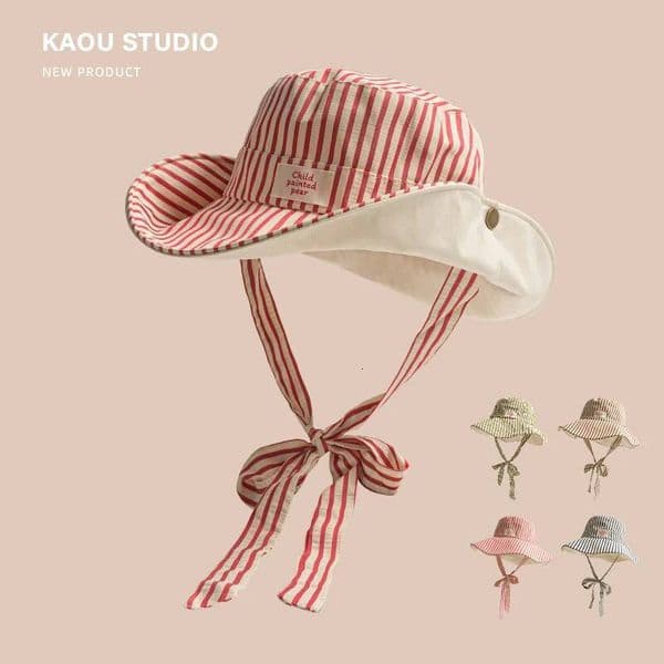 Korean Version Ins Retro Striped Big Brim Sun Hats for Women Summer Travel Sunscreen Versatile Fashion Strap Bucket Hat ddmythur