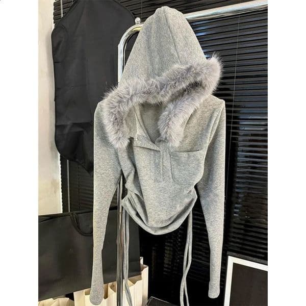 MEXZT Y2K Cropped Hoodie Women Streetwear Faux Fur Patchwork Hooded Sweatshirts Gyaru Fashion Korean Long Sleeve Slim Pullovers 250919BJ