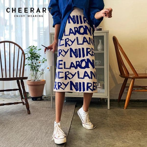 CHEERART Sweater Skirt Women Letter Print Knitted Korean Hgih Waist Long Winter Wrap Warm Fashion 250920BANJIA