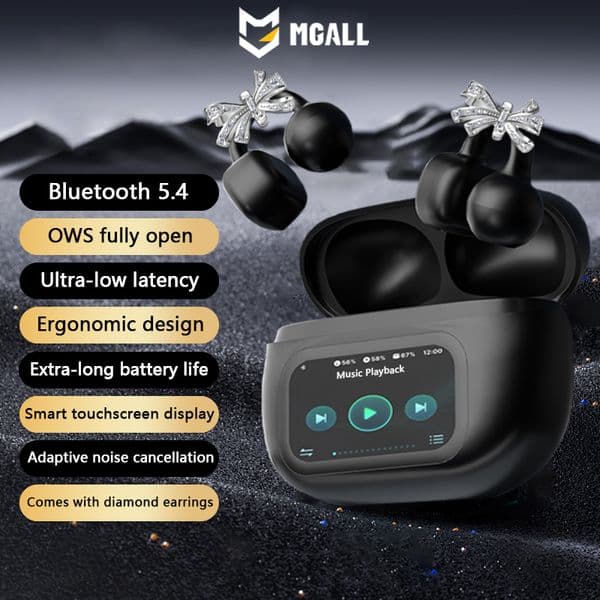 MGALL OWS Earphones HY-C02 Mic Noise Cancellation Stereo Sound Earbuds LCD Full Color Touch Screen Headphones Earrings Butterfly Headset Design Z260530