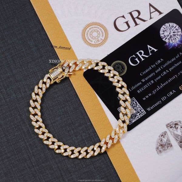 RTS 18k Gold Plated Single Row with Vvs Moissanite Diamond 925 Solid Silver Cuban Bracelet for Hiphop Jewelry