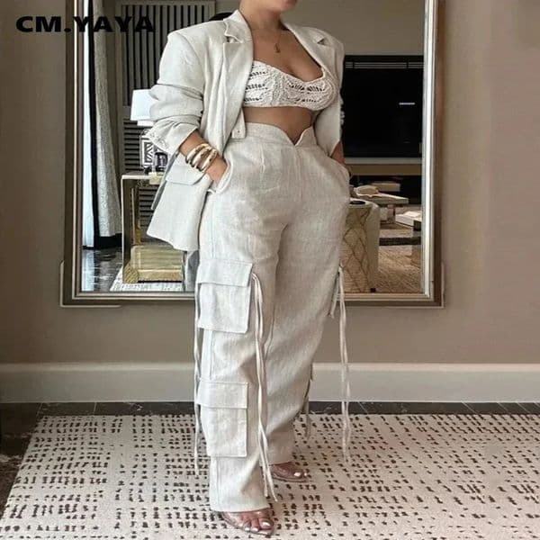 CMYAYA Fashion Womens Set Long Sleeve Blazer Suit and Wide Leg Cargo Pants OL Workout Two 2 Piece Sets Outfit Tracksuit 250920BJ