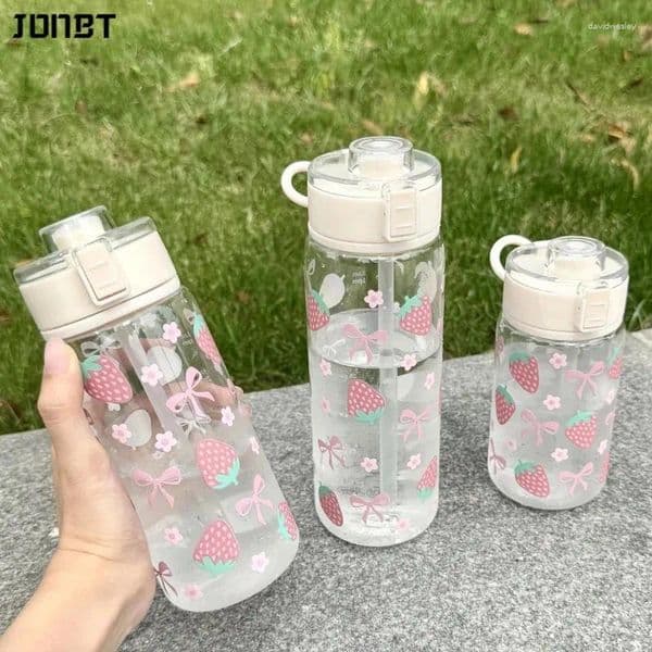 Water Bottles 400/600/800ML Reusable Plastic Straw Bottle For Girls Cute Strawberry Bow Flower Drinkware Portable Iced Coffee Juice Cup