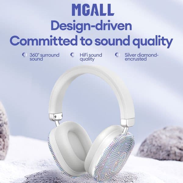 MGALL Wireless Bluetooth Headphones TM-096 Exquisite Diamond-Adorned Fashion Music Earphones Ergonomic Design Gaming Headset