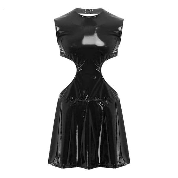 Men Sissy Wet Look Bodycon Pole Dance Rave Clubwear Sleeveless Irregular Hollow Out Mini Dress for Themed Party Drag Queen