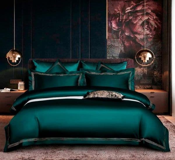 Embroidered Deep Green Blue Duvet Cover Set Premium Soft Egyptian Cotton Bedding set QueenKing size 4Pcs 1BedSheet 2Pillowcases C2044548