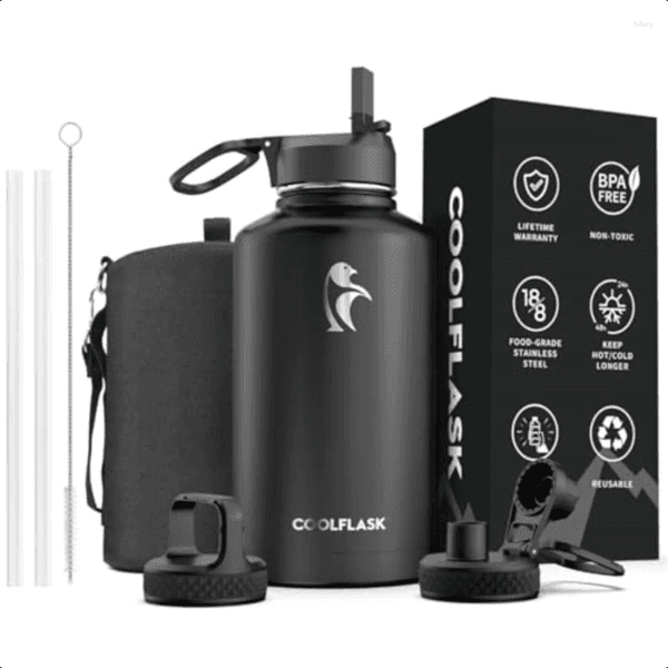 Water Bottles 64 Oz Bottle Insulated With Straw 3 Lids Large Metal Stainl Steel Jug Big Half Gallon Wide Mouth For Sports Gym Or