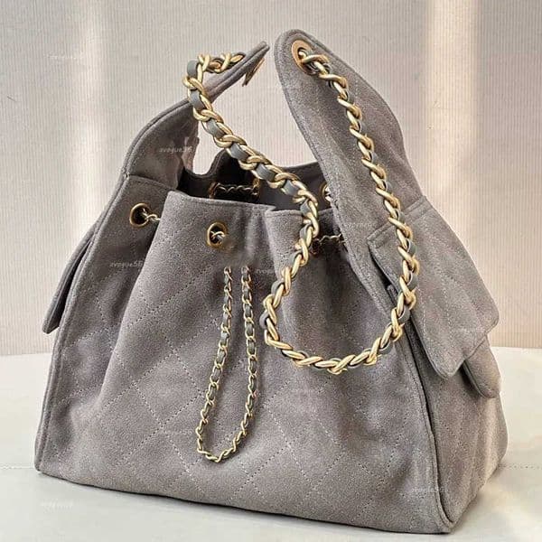 Designer Bag String Bucket Tote bag Large Suede Leather Gray Casual Long Chain Crossbody F