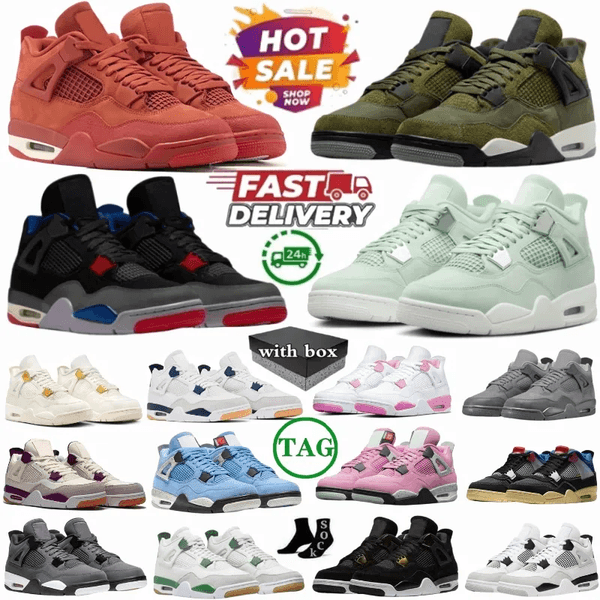 With box 4 4s Basketball Shoes Men Women Designer Sneaker Military Black Cat 2025 Pine Green Seafoam White Oreo Red Thunder Unc Bred Cacao Medium Olive Sail