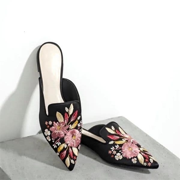 Embroider floral shoes for women shoelaces sliders silk mules womens low heel sliders flat shoes for women 241113bj