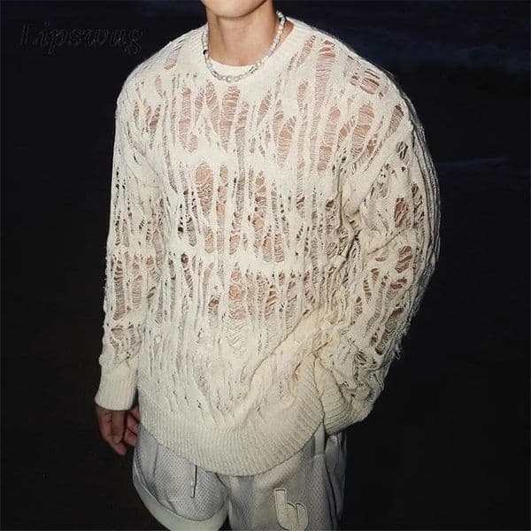 Sexy Hollow Out Mesh Knit T Shirts Men See Through Ripped Crew Neck Pullover Tops For Mens 2025 Spring Fashion Knitting T-shirt 241224