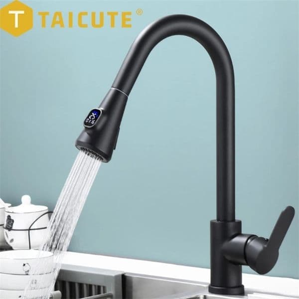 Kitchen Faucets TAICUTE Digital Temperature Display Pull Out Nozzles Sink Mixer Brass Black Faucet and Cold Water Taps 231127bj