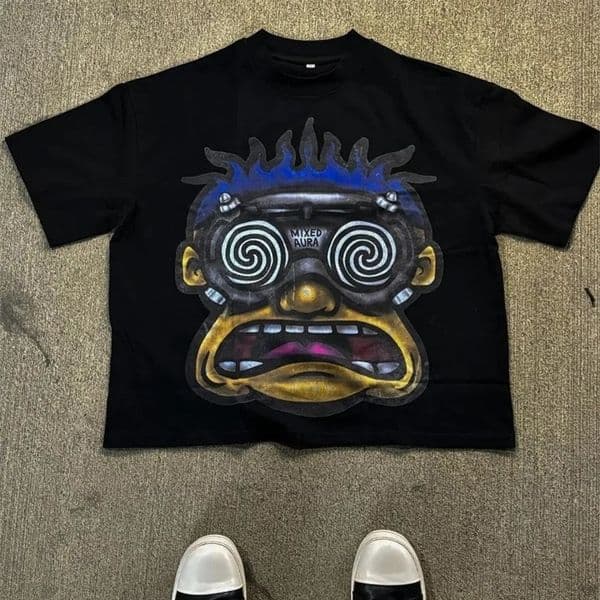American Fashion Goth Big Head Cartoon Print Oversized T-Shirt Mens Y2K Street Hip-Hop Harajuku Loose Casual Couple Clothes 241224