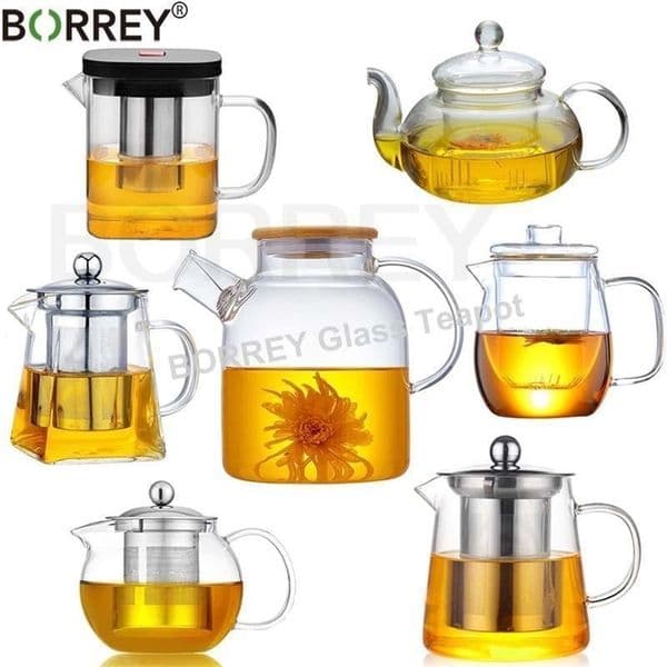Water Bottles BORREY Drop Heat Resistant Glass Teapot Various Styles Of selling Tea Sets Clear Kettle Flower Puer Infuser Pot 230715bj