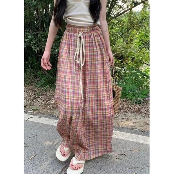 Lucyever Vintage Y2K Plaid Skirts Women Harajuku Streetwear Drawstring Long Skirt Woman Summer Elastic High Waist A-Line Skirts 240516