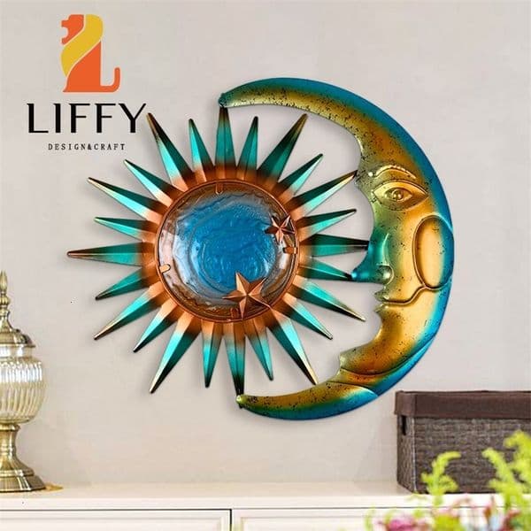 Tabletop Wine Racks LIFFY Sun and Moon Face Metal Wall Artwork for Home Decor Sculpture Statue Hanging Decoration of Living Room 230327bj