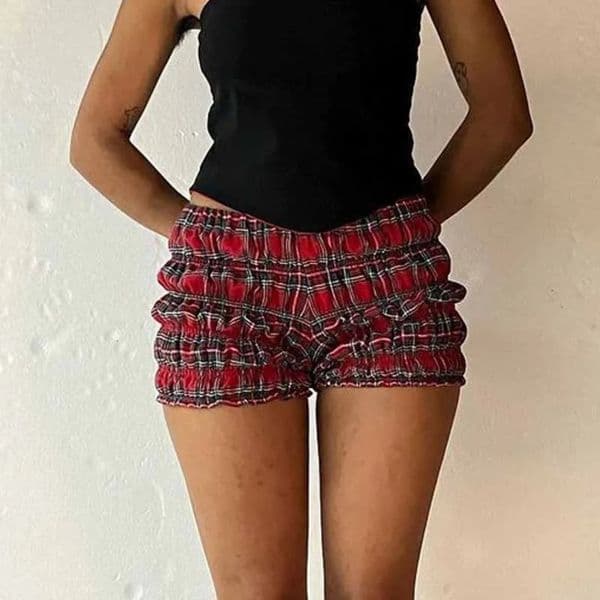 90s Vintage Folds Lounge Shorts E- Kawaii Streetwear Cottage Plaid Print Shorts Low Rise Frill Tiered Slim Fit Short Pants 250520