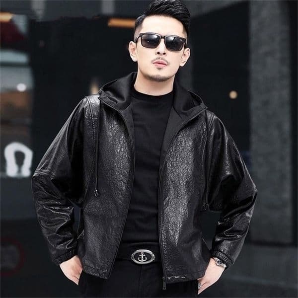 Winter sheep leather coat man hooded bat sleeve casual loose short motorcycle leather jacket 240823