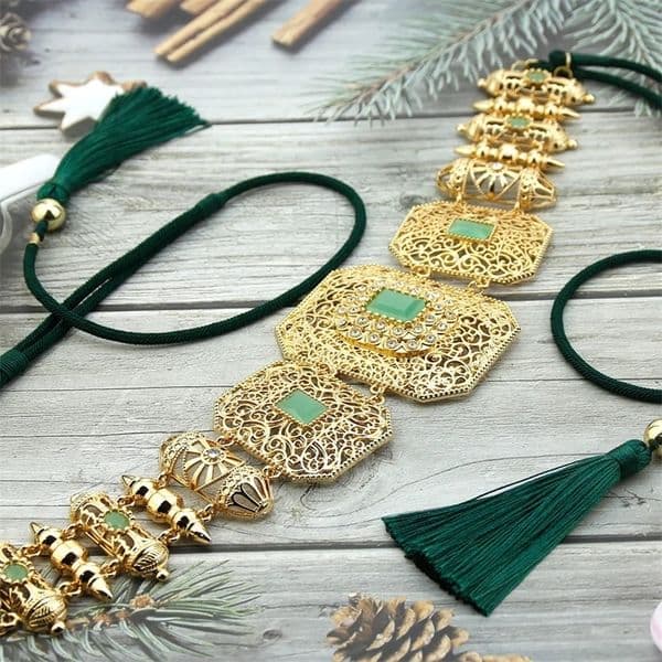 Other Fashion Accessories Neovisson Chic Morocco Handmade Ropes Belt Gold Color Women Tassels Hollow Arabesque Metal Waist Chain Bride Woven Jewelry 231018