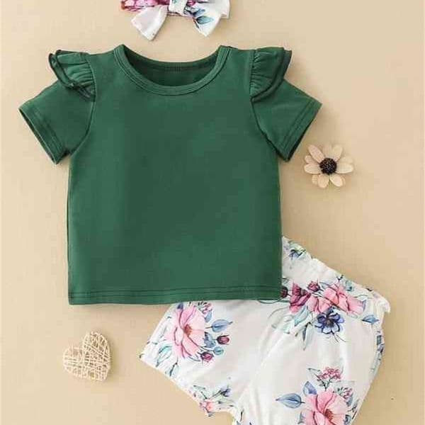 Baby Ruffle Trim Tee & Floral Print Shorts With Headband SHE