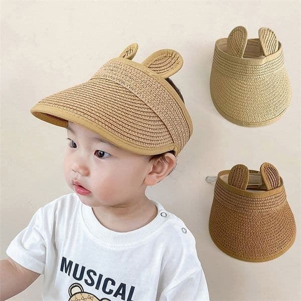 Topi Jerami Atas Kosong Telinga Indah Topi Pelindung Matahari Lebar Anakanak Topi Pantai Musim Panas Dapat Disesuaikan untuk Anak Lakilaki 220611