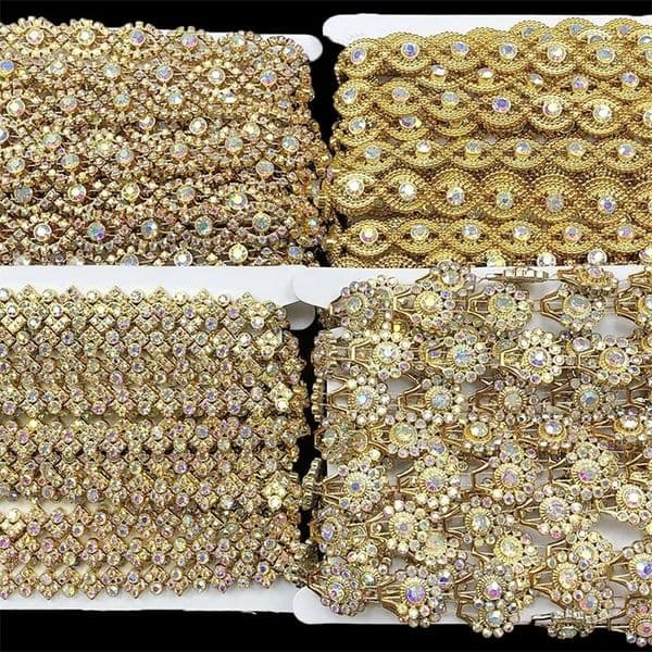 9meters Gold Tone Acrylic Diamond Chain lace DIY Shoes Hats Accessories Lace Clothing Trimming 240106bj