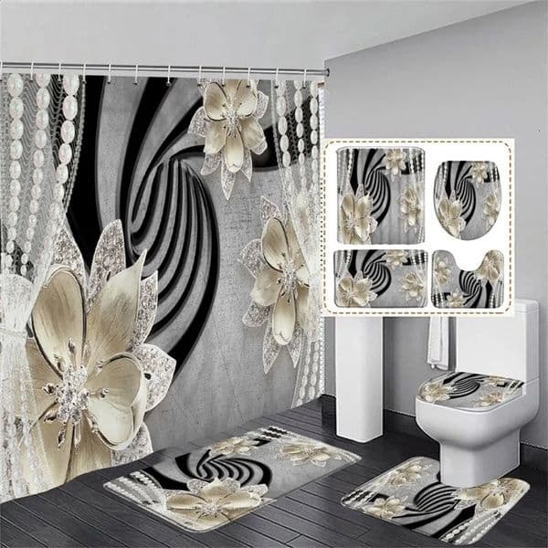 Elegant stylish dreamy pearl and diamond Bouquet 3D style shower curtains with carpet set home bathroom decoration 240903bj