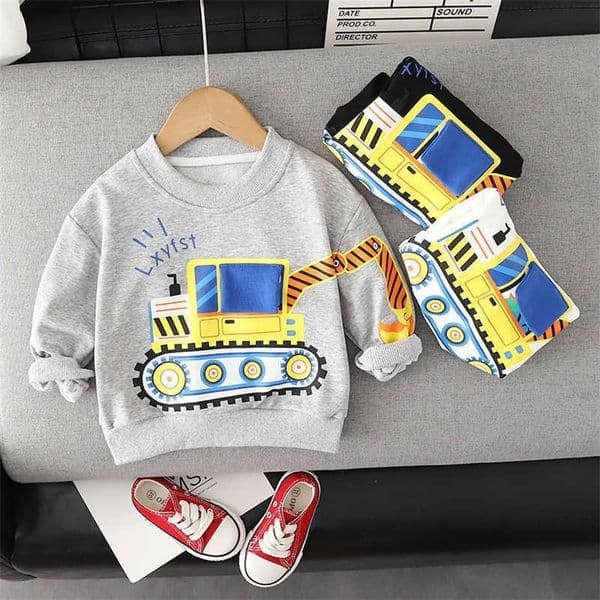 Pullover Kids Boy Sweatshirt Soft Cotton Toddler Baby Long Sleeve Tshirts Clothes Excavator Print Elastic Hem Infant Wear Sping Fall 220924