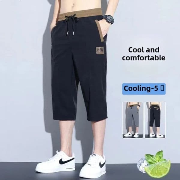 Summer Ice Silk Cropped Pants Mens Straight Loose and Versatile Mens Casual Thin Mens Shorts Pants Shorts Men 250411