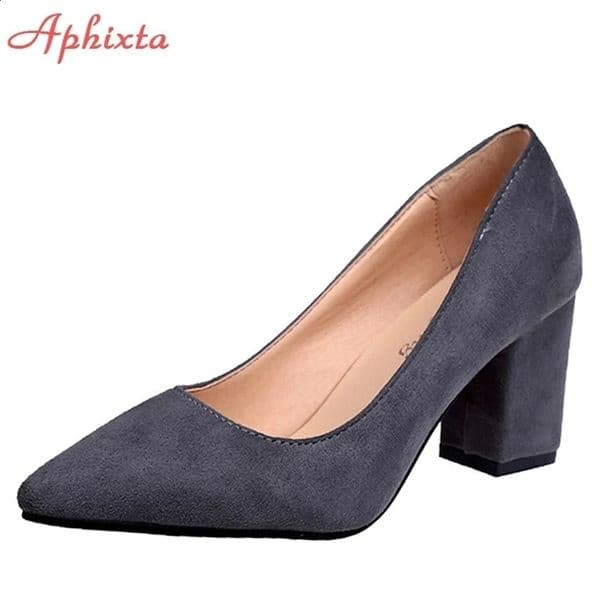 Aphixta Shoes Square Heel Women Pointed Toe Pumps Fashion Gray High Heels Flock Leather Black Party Shoes Plus Big size 47 48 50 241015