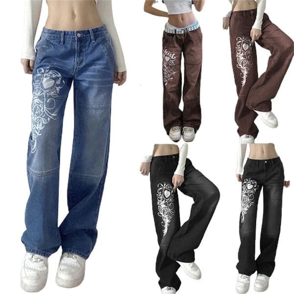 Women Low Waisted Y2k Graphic Jeans Casual Loose Straight Bell Bottom Bootcut Leggings Strtwear Baggy Denim Pants Z260313