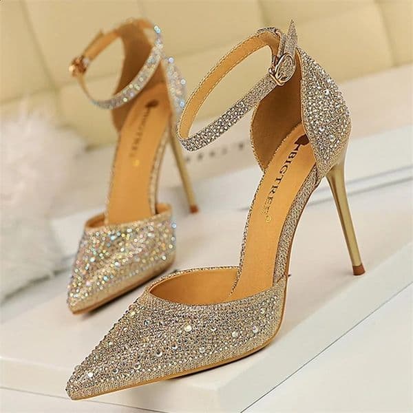 BIGTREE shoes shiny rhinestone high heels womens shoes pump thin high heels sweet womens shoes wedding shoes womens shoes 10cm 240926bj