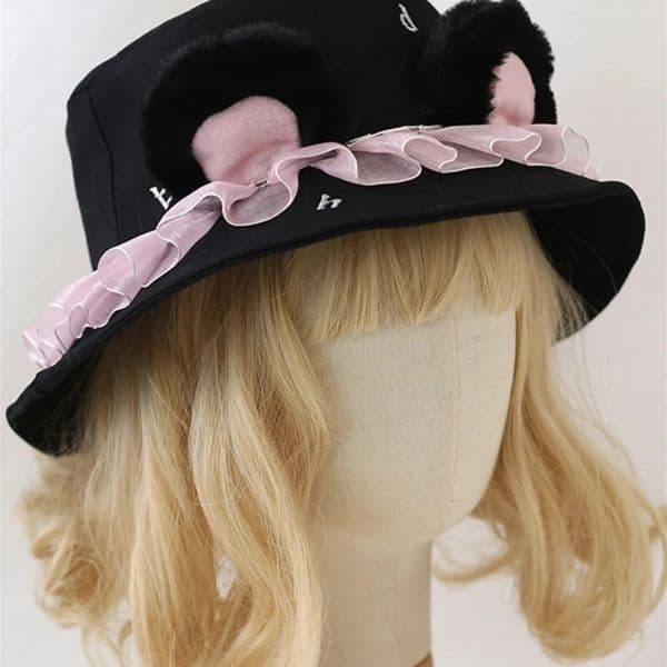 Berets Original Handmade Black Pink Bear Bucket Hat Female Y2k Sweet Sun Hat Cute Beast Ear Cap Autumn Halloween Berets Caps for Women 231018