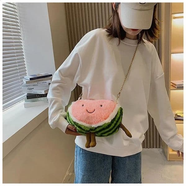 women plush watermelon doll shoulder bag Ladies peach cute cartoon crossbody bag girl funny mobile phone bag 250113