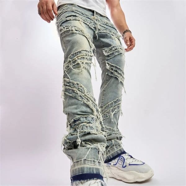 Men Vintage Stylish Loose Ripped Patch Jeans Pants Streetwear Male Solid Casual Straight Denim Trousers 240819