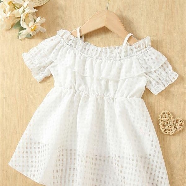 Baby Cold Shoulder Ruffle Trim Puff Sleeve Dress SHE