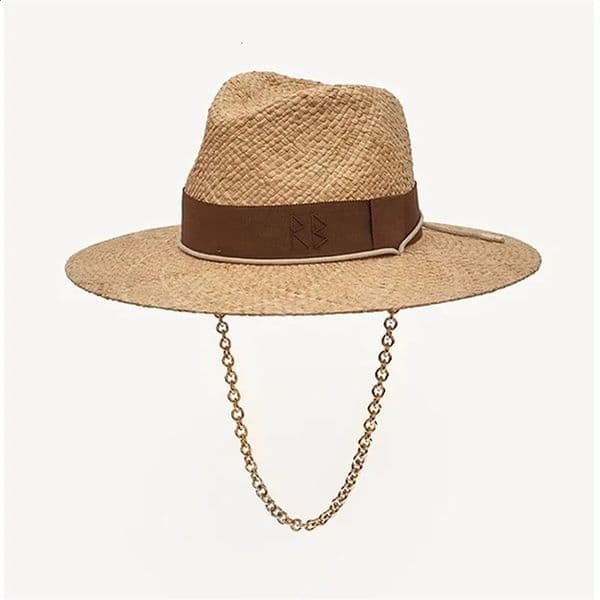 Chain Strap Straw Fedora Hat Embellished Beach Hats with For Women Woven Sun Summer Holidaty Panama 240309bj