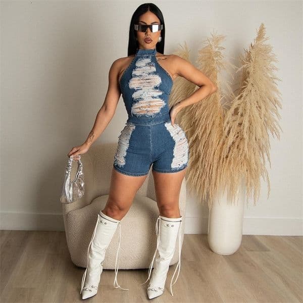 Women's Jumpsuits Rompers Denim Jumpsuit Women Sexy Halter Hollow Out Tassel Distressed Skinny Shorts Romper Casual Streetwear Y2K One Pieces 230608