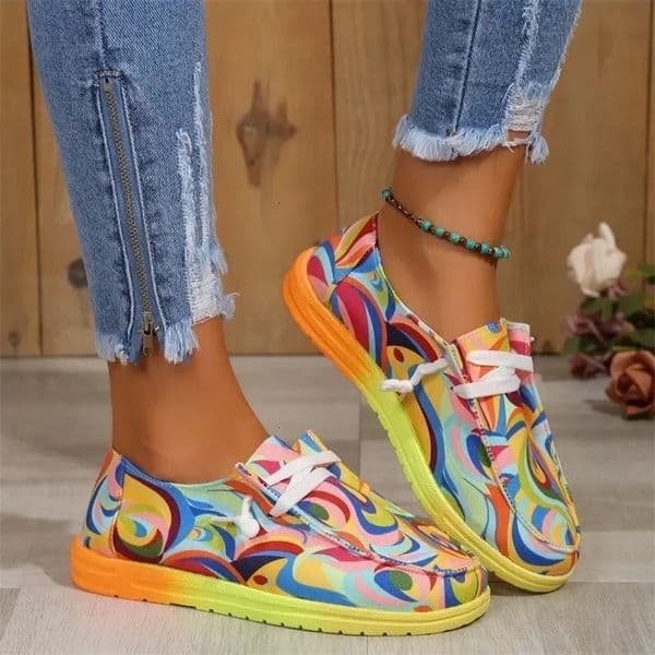 2024 Women Ethnic Rainbow Canvas Shoes Autumn Casual Daily Ladies Flat Shoes Round Toe Multi-Color Print Lace-up Sneakers 250207bj