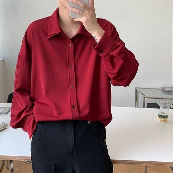 Long sleeve shirt men Double Collar Ice Silk Shirt Men Vintage Wine Red Shirts Men Korean Comfortable Blouse Casual Loose Shirt 250407