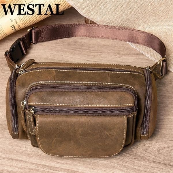WESTAL genuine leather travel waist bag Fanny Pack mens belt waist bag mobile phone bag mens small chest messenger 240824bj