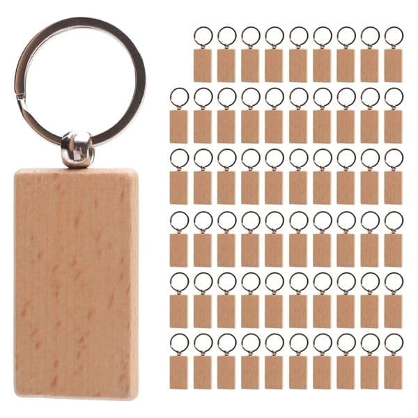 60Pcs Blank Rectangle Wooden Key Chain Diy Wood Keychains Key Tags Can Engrave Diy Gifts 240112