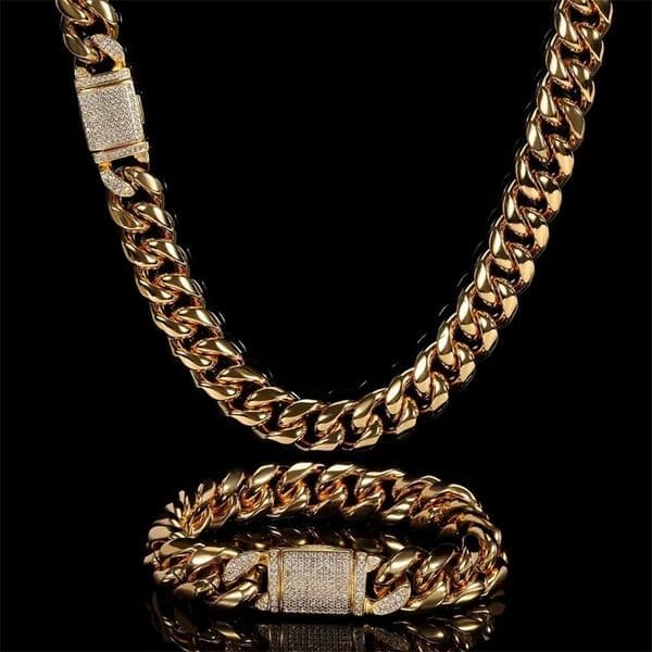 12mm Miami Mens Cuban Link Chain Necklace 316L Stainless Steel Gold Plated Necklace for Women with Full Iced Clasp 250427