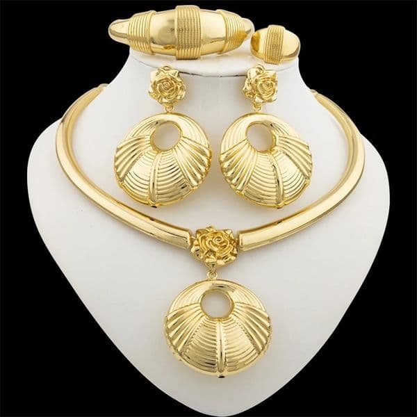 African 18k Gold Plated Jewelry Set for Women Hoop Earrings and Pendant Set Italian Gold Color Weddings Bangle Ring Jewellery 250417bj