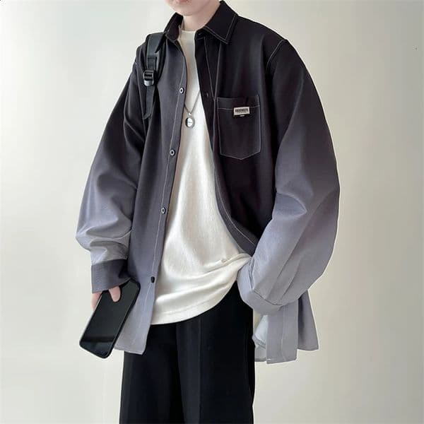 Mens shirt Gradient Plicated Long Sleeve Shirts Loose Korean Shirt Fashion Casual Oversize Shirt Coat High Quality Clothing 240816