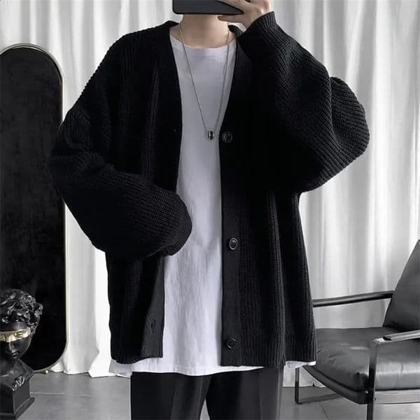 Man Clothes Black V Neck Cardigan Knitted Sweaters for Men Y2k Streetwear Spring Autumn Ugly Plus Size 90s Vintage Wool Fun Tops 240906